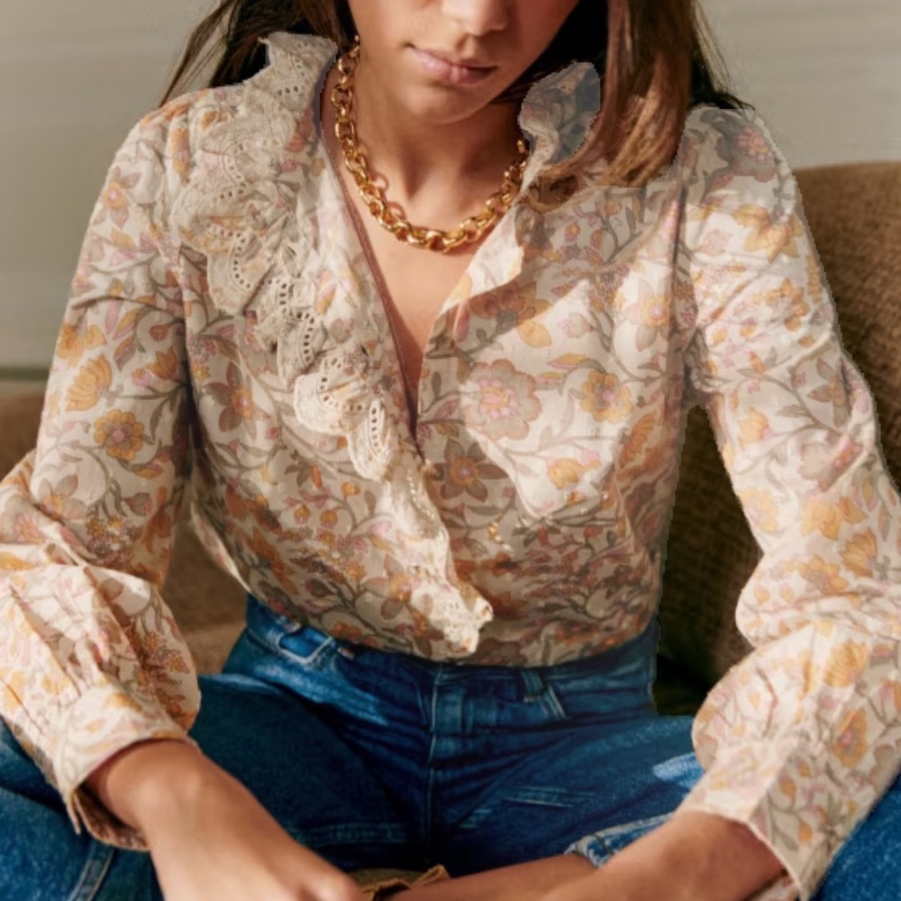 Sezane Floral Ruffle Blouse in Cream and Yellow